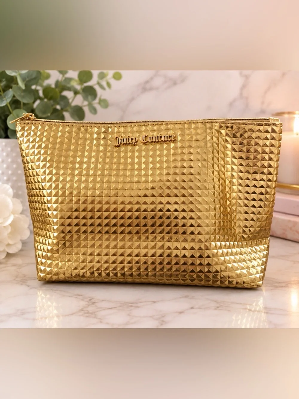 Juicy Couture large Gold Metallic Pyramid Makeup / Cosmetic Bag